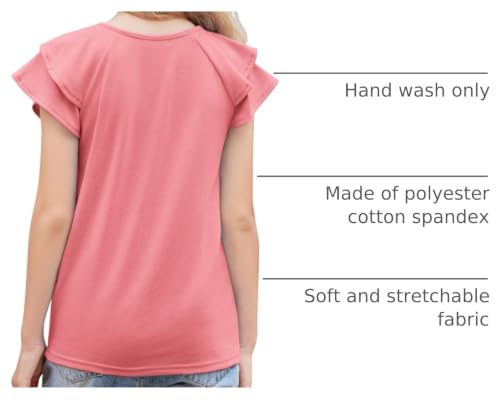 Image of Girls T Shirts Ruffle Short Sleeve Round Neck Loose Blouse Summer Solid Color Casual Girl Tee Tops for 3-12 Years