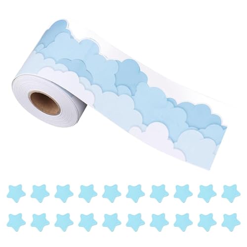 1 Rollo De Pegatinas De Cielo Azul Y Nubes Blancas, 20 Piezas De Azulejos De Estrellas Azules, Pegatinas De Decoración De Bordes De Tablones De Anuncios, Suministros De Decoración Para El Aula.