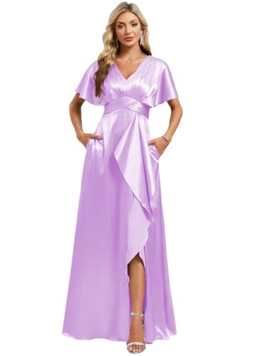 Image of Elegant Satin Bridesmaid Dress with Sleeves Ruffles High Silt Formal Dresses Long for Women Fall DIN022