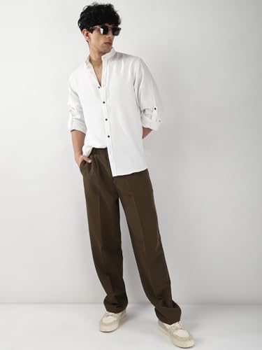 Image of Urbano Fashion Men's Linen Blend Full Sleeve Relaxed Fit Mandarin Collar Casual Solid Shirt