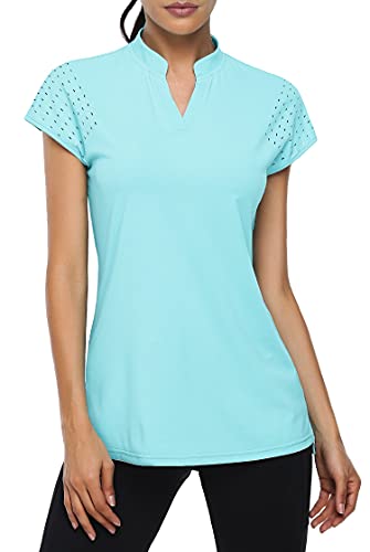 KORALHY Tennis Polo Women, Ladies Golf Shirts Short Sleeve Moisture Wicking Performance Cool Quick-Dry Sweat-Wicking Sport Workout Running Shirts Blue Large