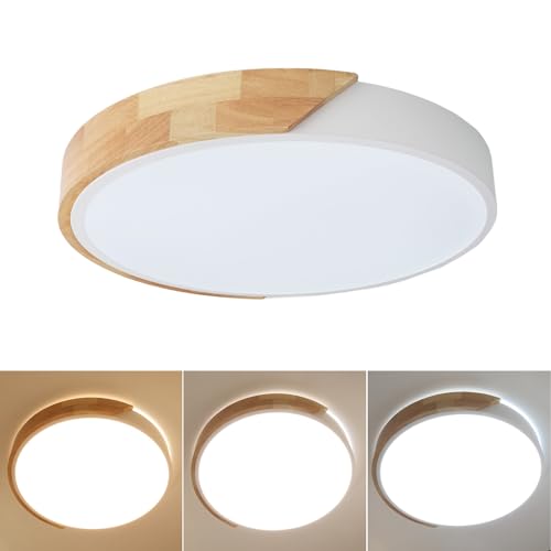 Alpinaluz Plafón LED Circular Estilo Nórdico – 30W, 3000lm, Luz CCT Ajustable (3000K/4000K/6000K), Madera Natural y Metal Blanco, Diseño Moderno y Elegante para Salón, Dormitorio u Oficina