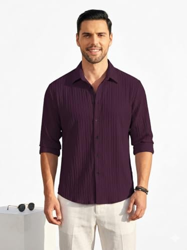 Image of DEELMO Men's Casual Button Down Shirts Long Sleeve Linen Shirt Fashion Textured Beach Summer Shirt