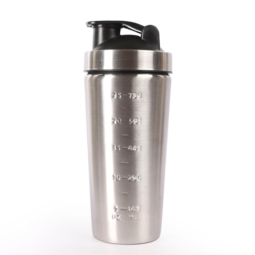 Image of Stainless Steel Shaker Bottle for Protein Shake | Leak Proof Insulated Gym Shaker with Measurement Markings | Durable Metal Workout Bottle, Dishwasher Safe (Silver)