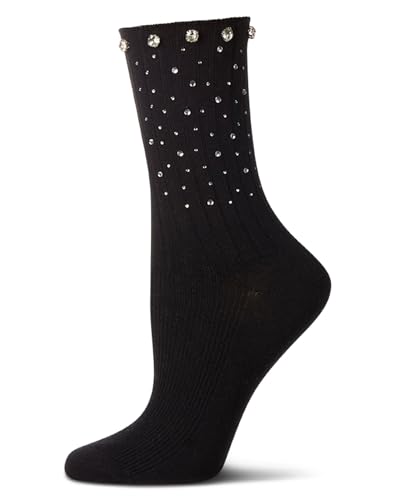 MeMoi Women's Ribbed Rhinestone Studded Cotton Rich Crew Sock