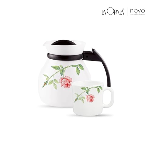 Image of La Opala Novo Collection Opal Glass Crockery | Coffee Set 7 pcs | Coffee Mug with Coffee Pot, Rose Garden | for Tea & Coffee | Microwave Safe | 100% Vegetarian | Extra Strong | Light & White