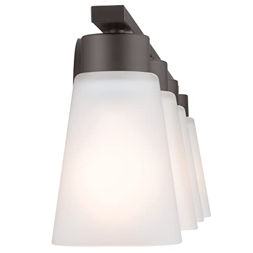 Image of Kichler Stamos 4-Light Bathroom Vanity Light with Satch Etched Glass Shades, 26 inch Modern Wall Light in Olde Bronze, (26 inch x 8 inch x 5 inch)