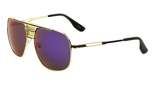 Roma Oversized Square Flat Top Aviator Sunglasses w/Mesh Bridge (Gold & Black Frame, Blue Purple Flash Mirror)