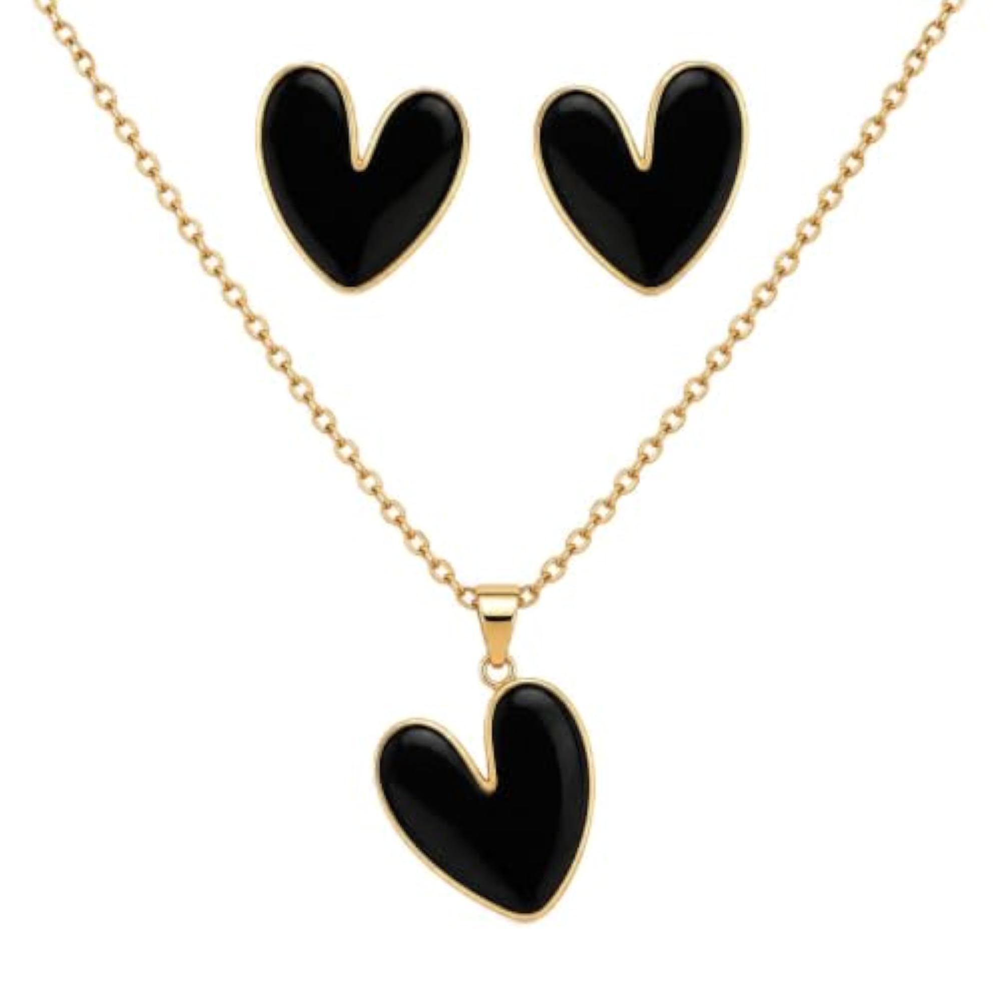 Black Enamel Heart Pendant Necklace and Stud Earrings Set