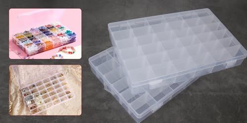 Image of 2Pcs Clear Visible Plastic Storage Box- Rectangular Storage Box, Suitable For Beads, Screws Hardware Accessories Organizer Box Art DIY, Crafts, Jewelry, Fishing Tackle, With Label Stickers (36Grids)