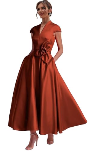 Tea Length Mother of The Bride Dresses for Women Cap Sleeves Formal Wedding Guest Dress Satin Evening Gowns