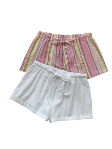 Image of MakeMeChic Women's 2 Pack Linen Shorts Striped Gingham Boxer Shorts | Summer, Beach Shorts, Cover Up, Pajama, Lounge