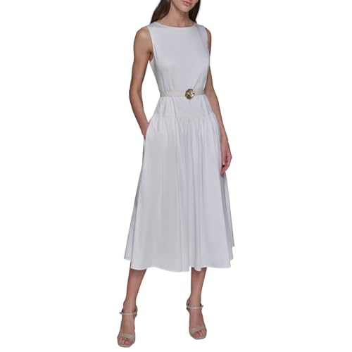 Image of Karl Lagerfeld Women's Sleeveless Boat Neck Drop Waist Belted Midi Dress