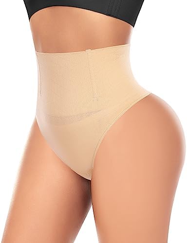 Tummy Control Thong Shapewear for Women High Waisted Thong Girdle Panties Slimming Body Shaper Underwear Waist Cincher(Beige-wire(mid rise),Medium)