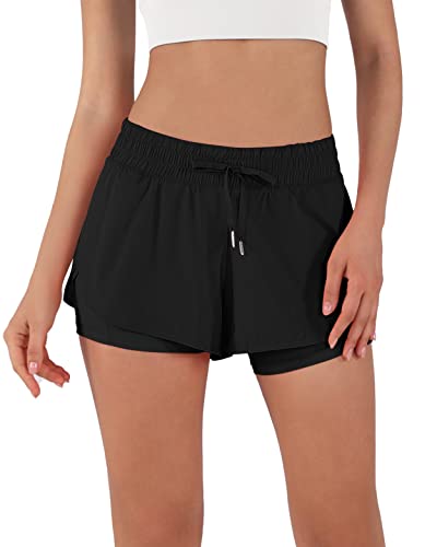 Ododos Women's 2 In 1 Athletic Shorts With Pockets High Rise Workout Yoga Running Shorts With Liner, Black, Medium #TOP2