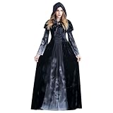 Disfraz Halloween Mujer Tallas Grandes, Halloween Costume, Vestido Negro Cosplay con Chal con Capucha, Disfraz Halloween...