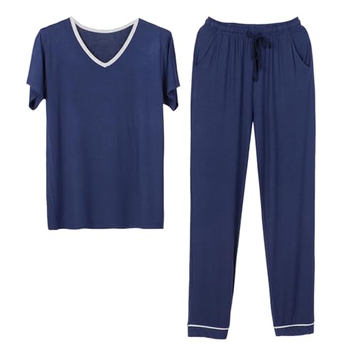 Men's Modal Casual Pajamas Set, Short Sleeve V-Neck Loose Sleepwear and Lightweight Drawstring Pants with Pockets