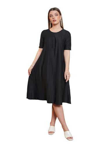 Image of Purvaja Women's Solid Half Sleeve A-Line Midi Dress