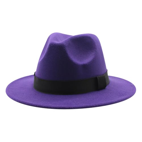 UUYYEO Unisex Wide Brim Fedora Hat Felt Fedora Western Hat Vintage Winter Hat Classic Jazz Hat Fashion Dress Hat with Belt Purple