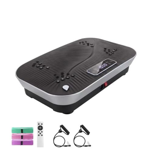 JINPALAY Plataforma Vibratoria Fitness, Máquina Vibratoria para Adelgazar con Bluetooth, Masaje Magnético, Base XL 57cm, Soporta 300 LB, con Bandas (Gris (Pack Completo))