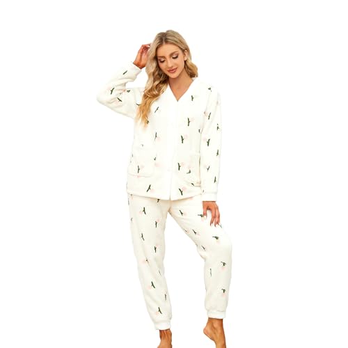 LYCY Conjunto de pijama de felpa mullida para mujer, pijama de forro polar suave y cálido para mujer, lindo bordado largo de 2 piezas, Tulipán-blanco, M