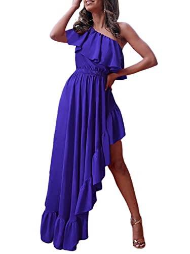 Halfword Womenâ€™s Sexy One Shoulder Ruffle Dress Sleeveless High Waist Asymmetrical Maxi Cocktail Dresses Blue S