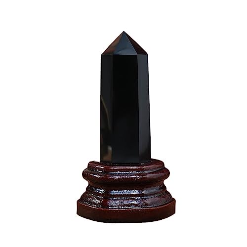 Tour en obsidienne naturelle et cristal de quartz avec base bois pour décoration