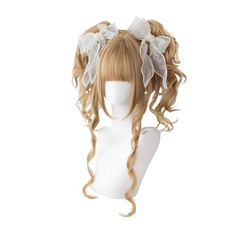 [ボズとガルヤ] ウィッグ ロリータ ゴスロリ ツインテール お姫 GAL系 原宿風 前髪 かつら 巻き髪 耐熱 森ガール ゆめかわいい シルバー 茶色 仮装 日常 パーティー 変装 学園祭 文化祭 (ゴールド)