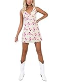 Bonkwa Women Summer Dress V Neck Ruched Bust Sundress A Line Y2K Floral Sleeveless Dresses Tie Waist V Back Casual Mini Dress