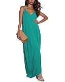 Poetsky Women's Summer Dresses Casual V Neck Spaghetti Strap Maxi Dress Loose Long Dress (Turquoise L)
