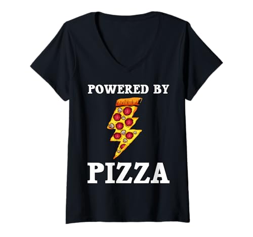 Womens Funny Powered By Pizza Gift Kids Men Women Cool Pizza Lover V-Neck T-Shirt