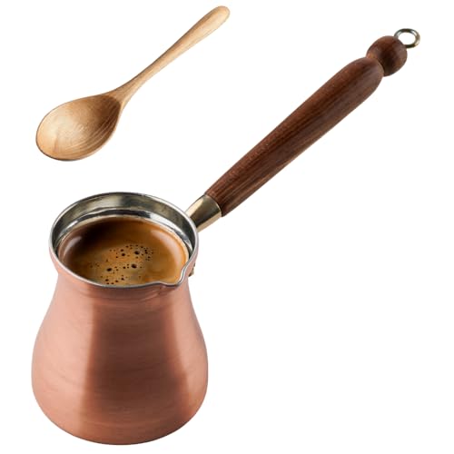 DEMMEX Copper Turkish Coffee Pot Cezve, 1mm Thick Brushed Copper, Ibrik, Briki, Stovetop Greek Arabic Coffee Server, 100% Handmade in Turkey, 8 fl oz, Serves 3