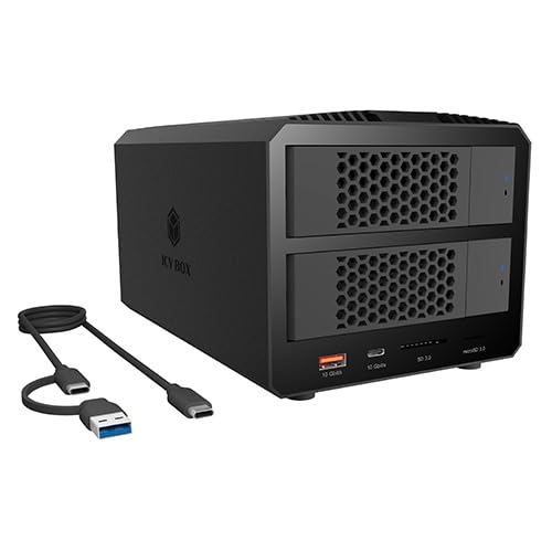 ICY BOX (Boitier Raid 2 Baies) pour HDD SSD SATA 2,5/3,5 Pouces, USB 3.2 Gen 2 Type-C, 10 Gbit/s, Raid 0/1/SINGLE/LARGE, Lecteur SD microSD, Ventilateur integre,...