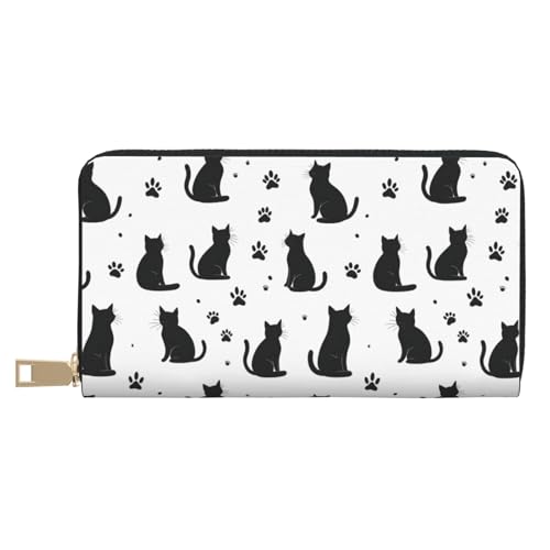 Black Cool Cat Paw Print Wallet Women, Leather Bifold Multi Card Wallet, Long Purse Women's Wallets