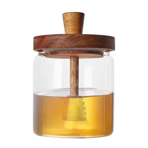 Generisch Tarro de miel – Tarro de miel de 500 ml con dipper de madera y tapa | Recipiente hermético para miel de café, té, almacenamiento, dispensador de miel natural, elegante para el hogar y la