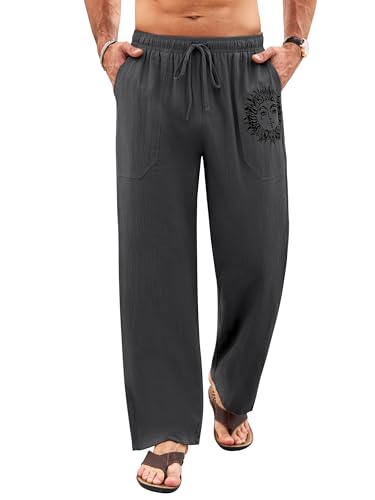 Litthing Pantaloni Lino Uomo Pantalonis da Jogging in Cotone Estivi Casual Tasche Pants Larghi Coulisse Pant Comodi e Leggeri Mare