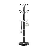 Snaikor Metal Coat Rack Freestanding, Sturdy Coat Rack Stand with Natural Marble Base, Modern Black Coat Racks Tree Hats Hanger Holder Stand for Entryway, Hallway, Office(12 Hooks)