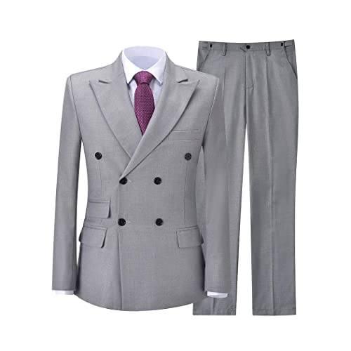 Mens Light Grey Double Breasted Peak Lapel Blazer Groom Tuxedo