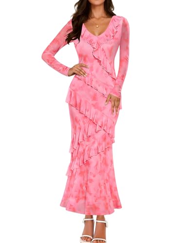 ZESICA Women's Fall Floral Long Sleeve Maxi Dress 2026 Boho Bodycon V Neck Ruffle Wedding Party Long Dresses,Pink,Medium