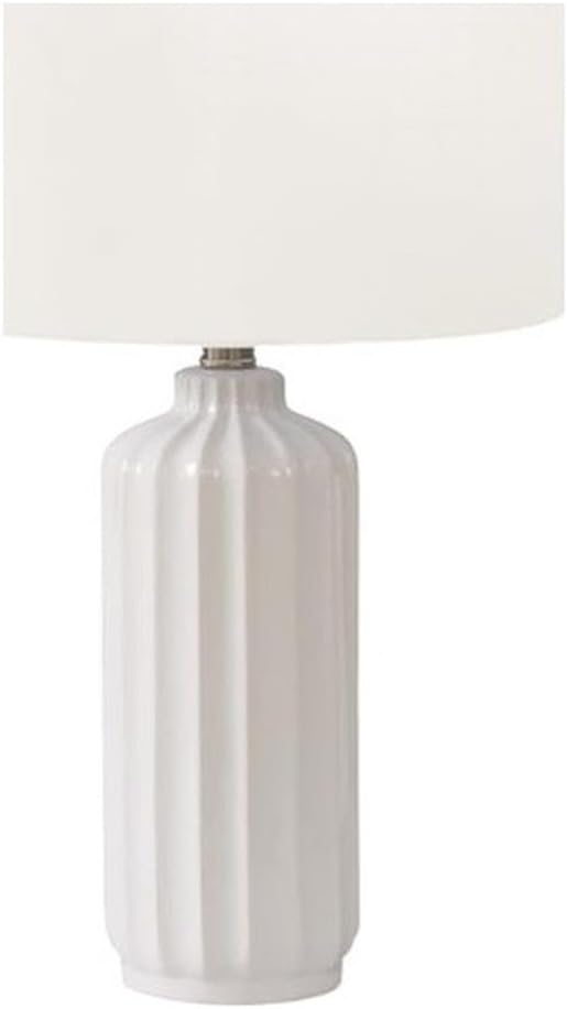 Pemberly Row 23" Glossy Cream Ribbed Ceramic Table Lamp, Ivory Drum Shade, Contemporary Columnar Design, Turn Knob Switch, 100W Max, Home Decor Lighting for Living Room, Bedroom, Office