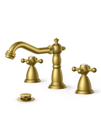 FORIOUS 3 Hole Vintage Bathroom Faucet Brushed Gold, 2 Handles