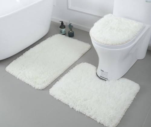Weiche Mikrofaser-Badezimmerteppiche, 3-teilig, Badteppich + Konturmatte + Toilettensitzbezug, rutschfeste Badezimmerteppiche mit PVC-Punkt-Flanell-Rückseite, wasserabsorbierend, solides Weiß