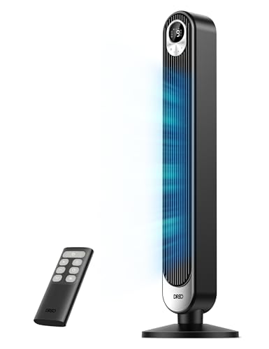 DREO Tower Fan for Bedroom, 28 ft/s, 20dB Quiet Oscillating Bladeless Fan with Remote, 9 Speeds, 4 Modes, 12H Timer, LED Display, Standing Floor Fan Powerful for Indoor Home Office Room, 42 Inch