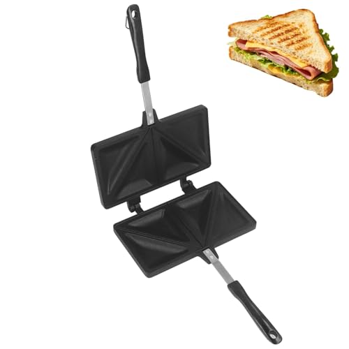 Hot Sandwich Maker Pan, Sandwich Pan Aluminum Alloy Double Sided Sandwich Maker Flip Grill Pan Portable Stovetop Panini Sandwich Maker Non-stick Grilled Panini Maker Pan with Handle for Home Kitchen