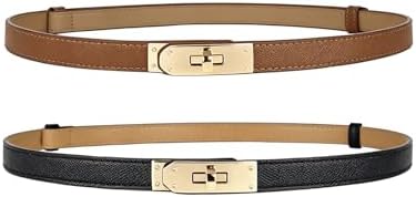 BEMYLV 2 Pack Skinny Belts for Women Dresses Turn-Lock Gold Buckle Adjustable Fashion Waist Belt for Pants Jeans Business Casual Fit Waist 20-35in Black Brown