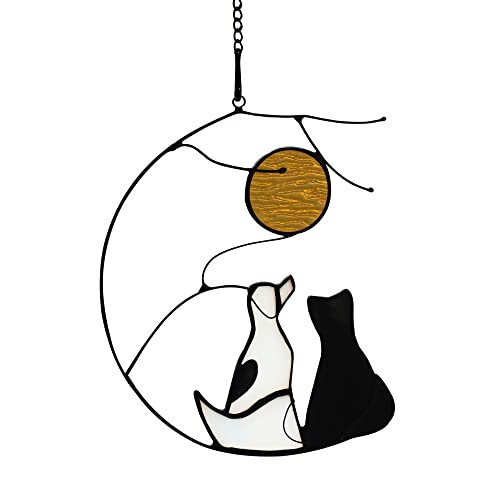 HAOSUM Dog and Cat Friendship Decor Stained Glass Window Hanging,Pet Memorial Gifts Suncatcher for Window,Black Cat Themed Gifts for Cats Lovers,Dog Lovers Giftss for Women