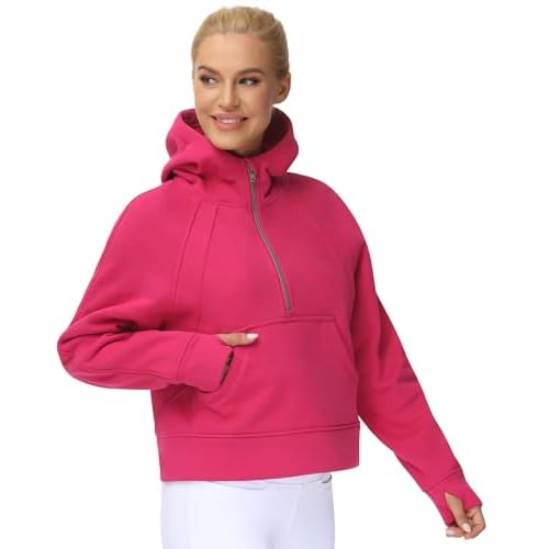 THE GYM PEOPLE Womens' Hoodies Half Zip Long Sleeve Fleece Crop Pullover Sweatshirts with Pockets Thumb Hole Bright Pink Medium