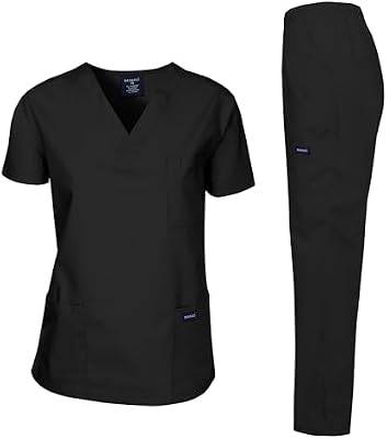 Dagacci Medical Uniform Womens and Mens Scrub Set Unisex Medical Scrub Shirt Top and Pant, Black, Me...