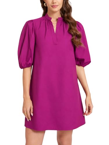 Image of EZAPINE Women Babydoll Mini Dress Summer Casual Cotton V Neck Puff Lantern Sleeve Loose A Line Cute Dress