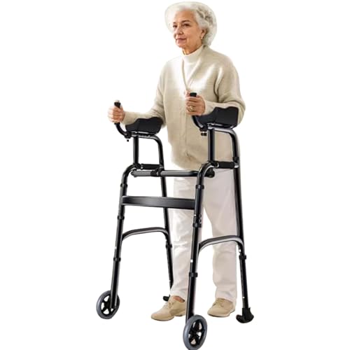 KLYDBMYT Andadores Plegables con Ruedas sólidas de 5' y apoyabrazos, andadores Plegables de 2 Botones con Altura Ajustable de 8 Niveles, Andador Plegable con Ruedas y apoyabrazos.